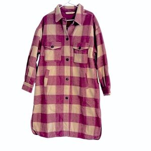 Oversized Plaid Longline Button Shacket Barn Jacket in Pink and Ivory Large NWT